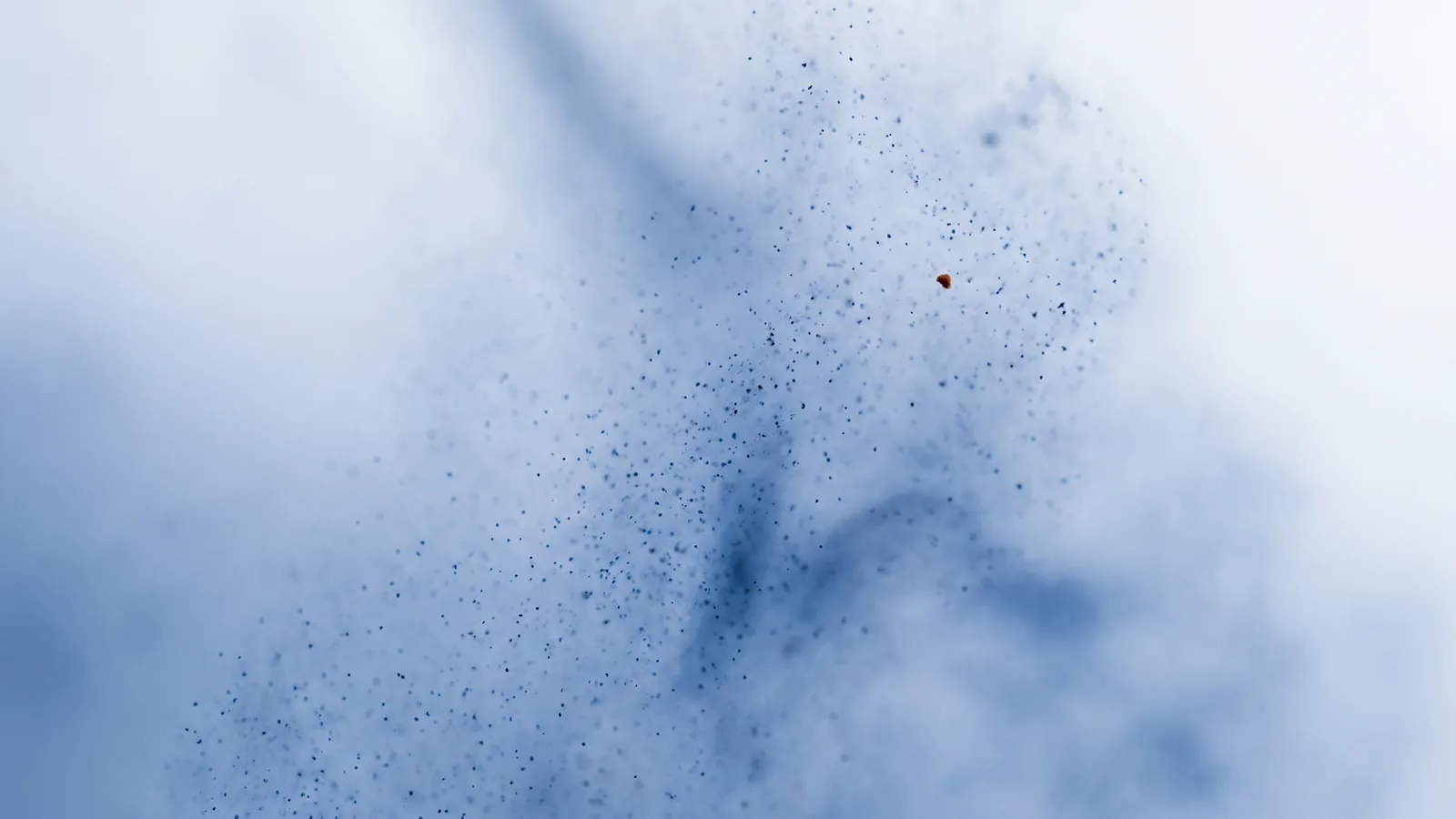 A drifting cloud of fine particles with one lone particle picked out in warm colour