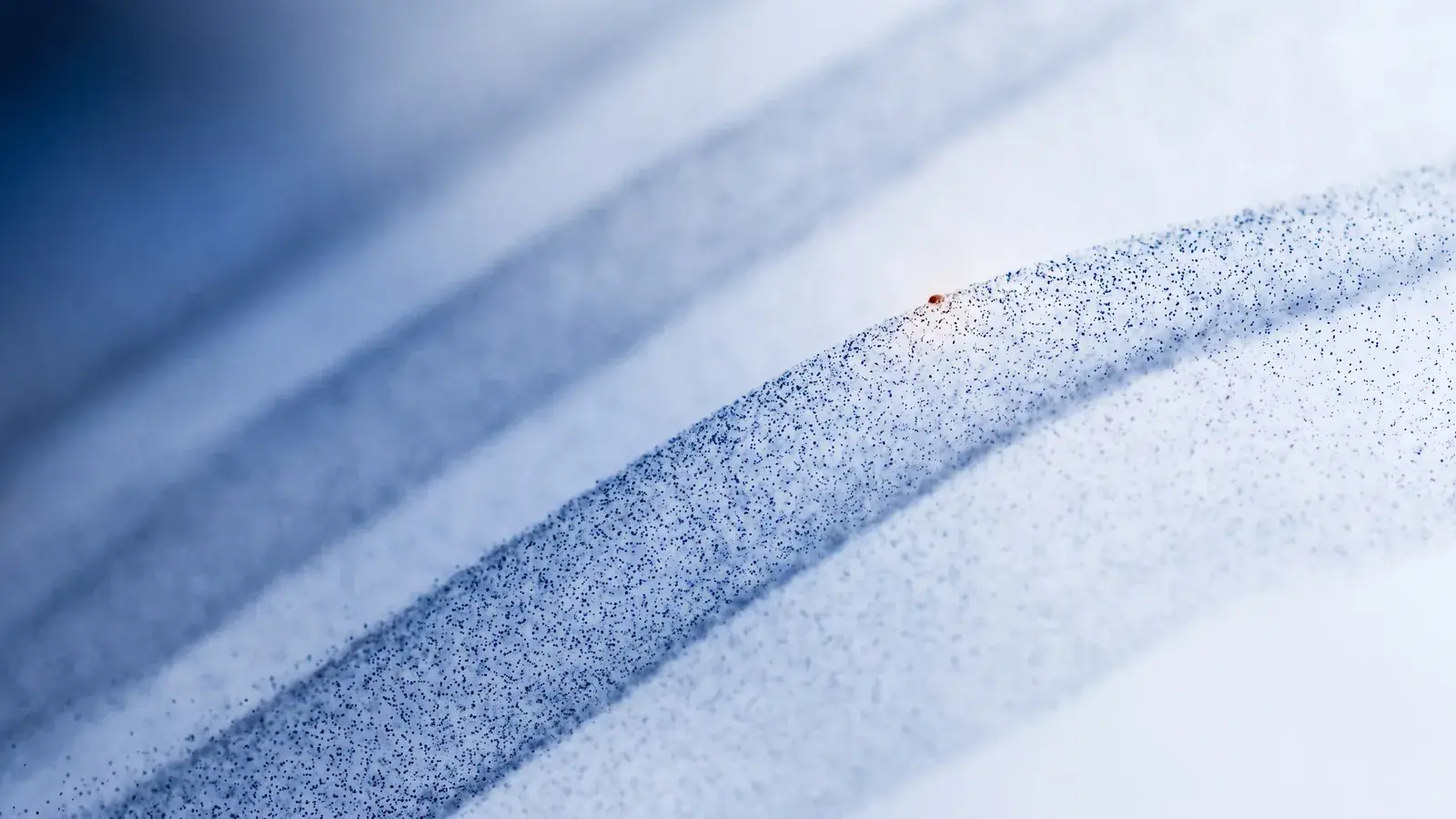 Parallel bands of particles sweeping diagonally, one band sharper and denser than the rest, with a single warm point on its crest
