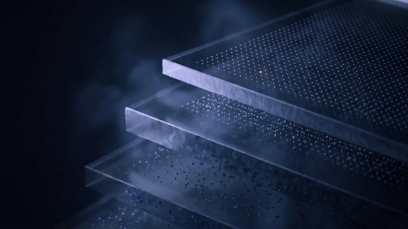 Stacked glass sheets holding particles that grow from loose scatter at the bottom to an ordered lattice at the top